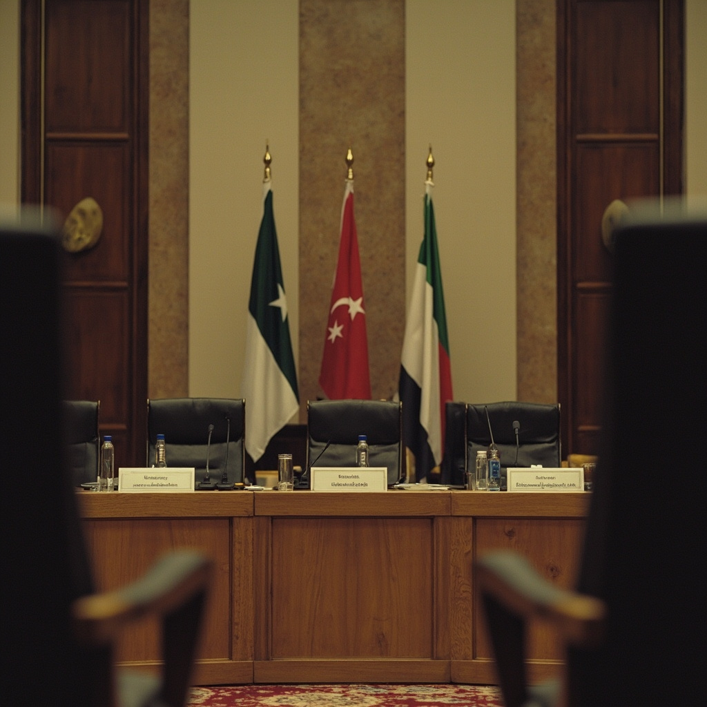 Pakistani foreign ministry building in Islamabad with flags of Saudi Arabia, Turkey, and Egypt alongside Pakistan's flag, diplomats visible entering