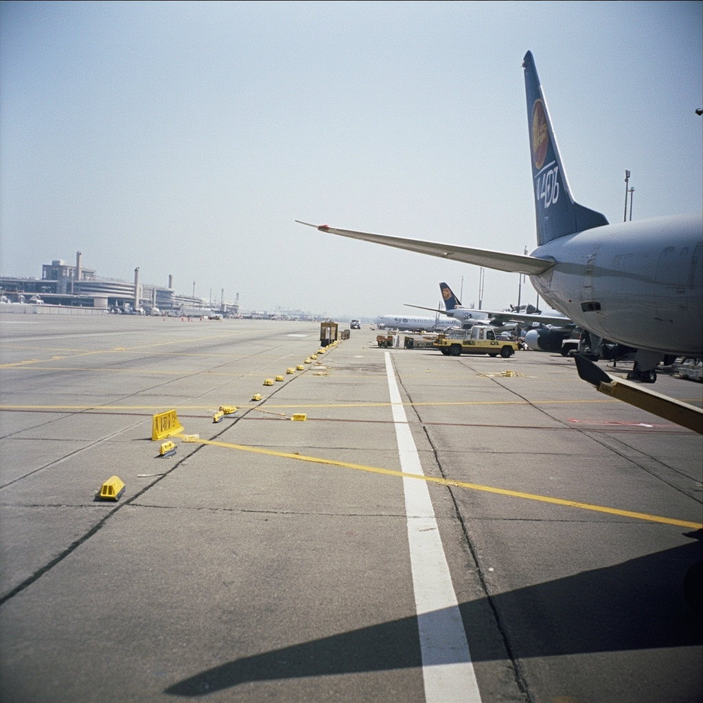 LaGuardia Airport runway viewed from above, with investigation markers visible