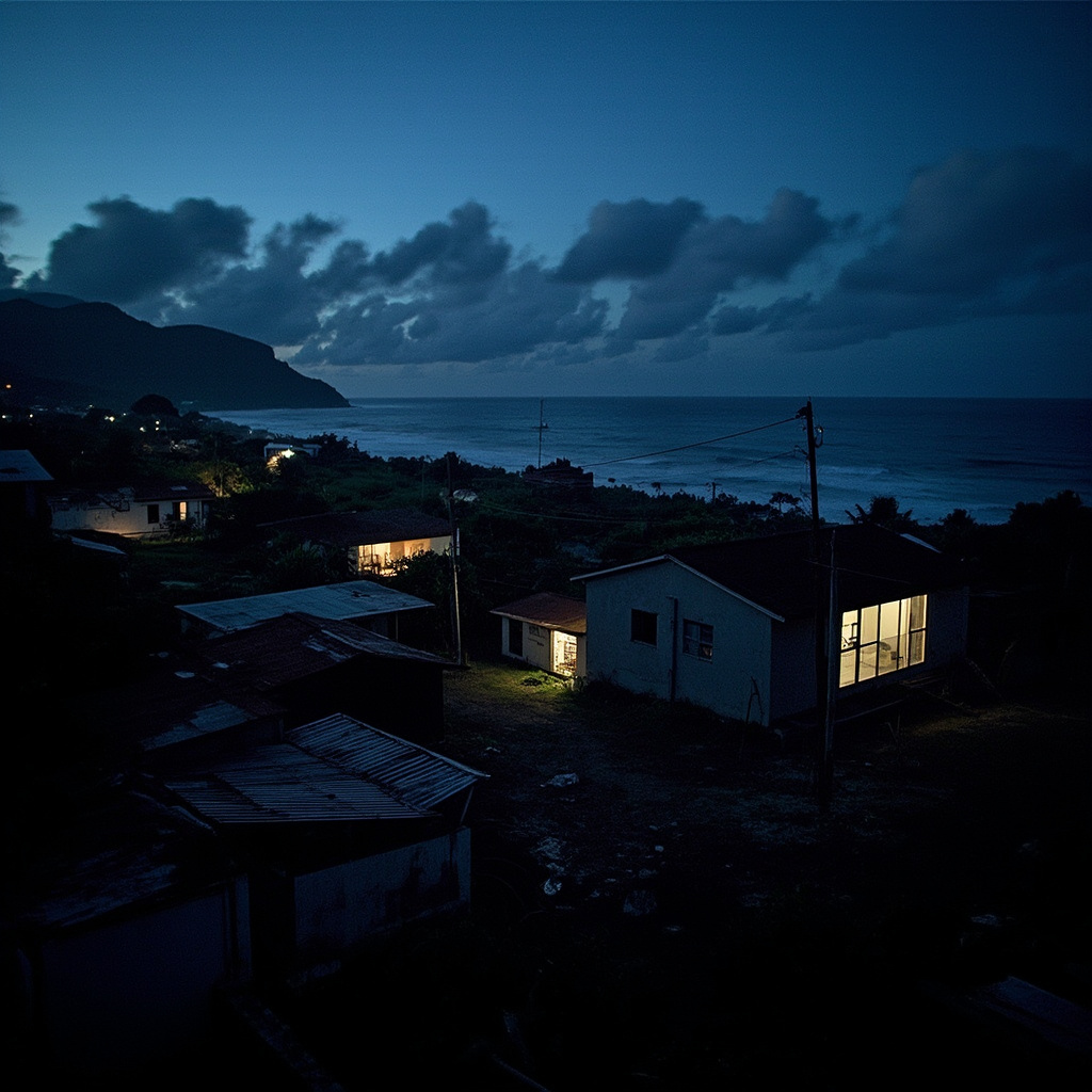 A Mauritius street scene at dusk with reduced street lighting visible under energy conservation measures