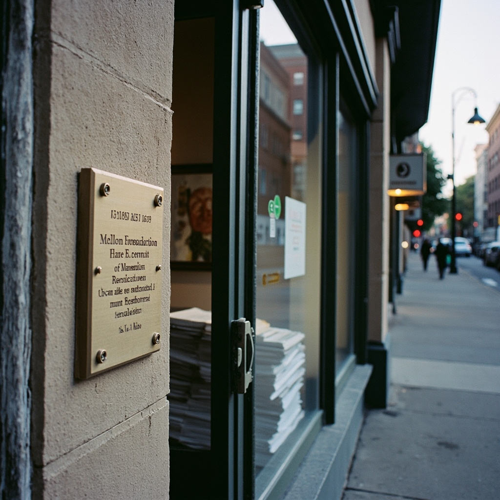 A state humanities council building exterior, federal and foundation grant notices posted on the door