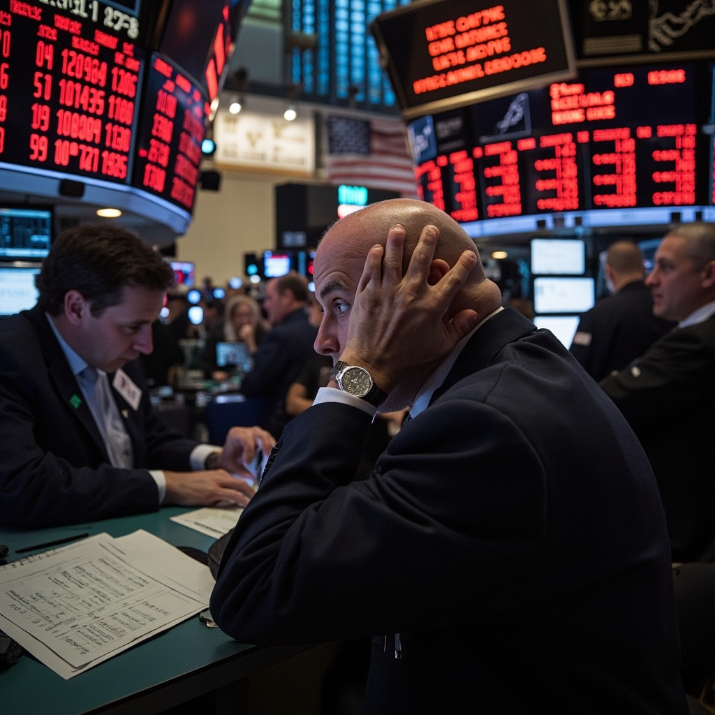 NYSE trading floor with traders watching descending red numbers on screens, concerned expressions, documentary financial photography