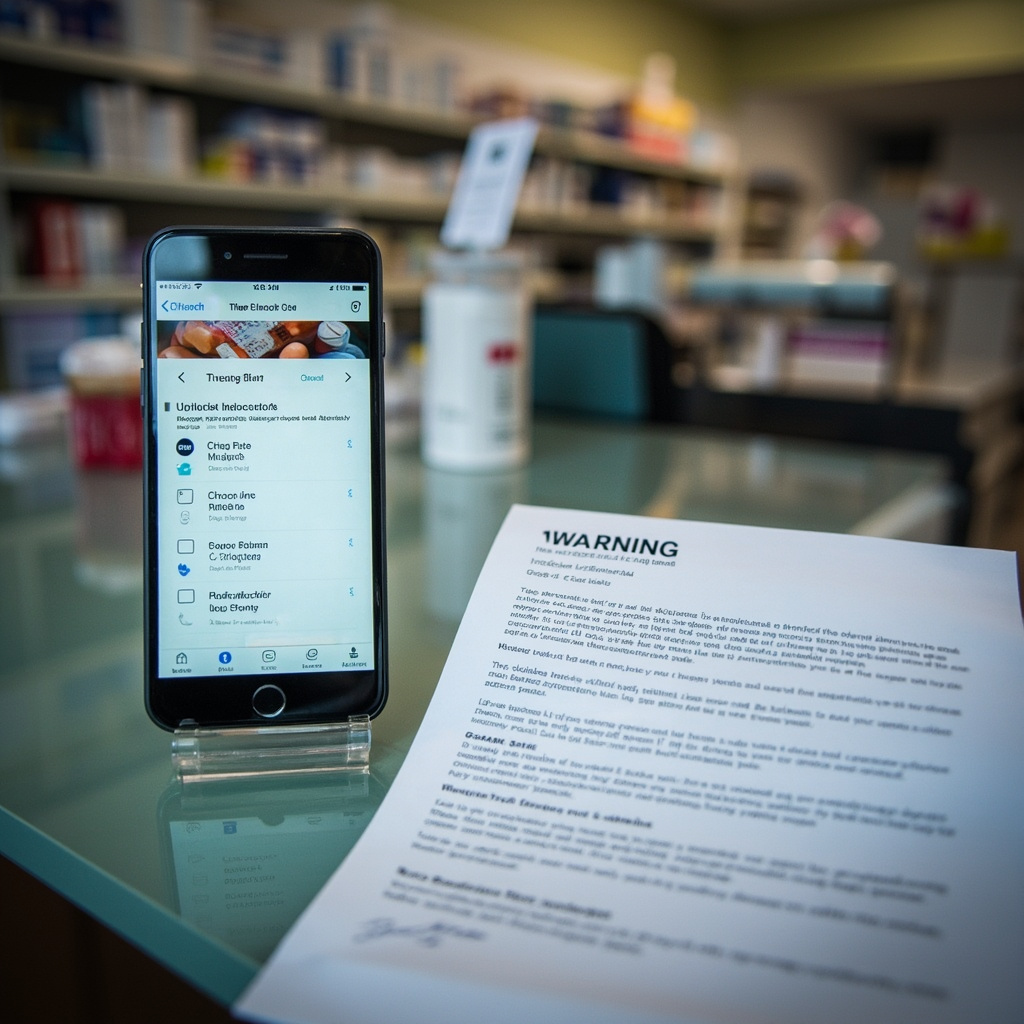 A telehealth app screen showing weight loss medication options next to an FDA warning letter document, both sitting on a pharmacy counter