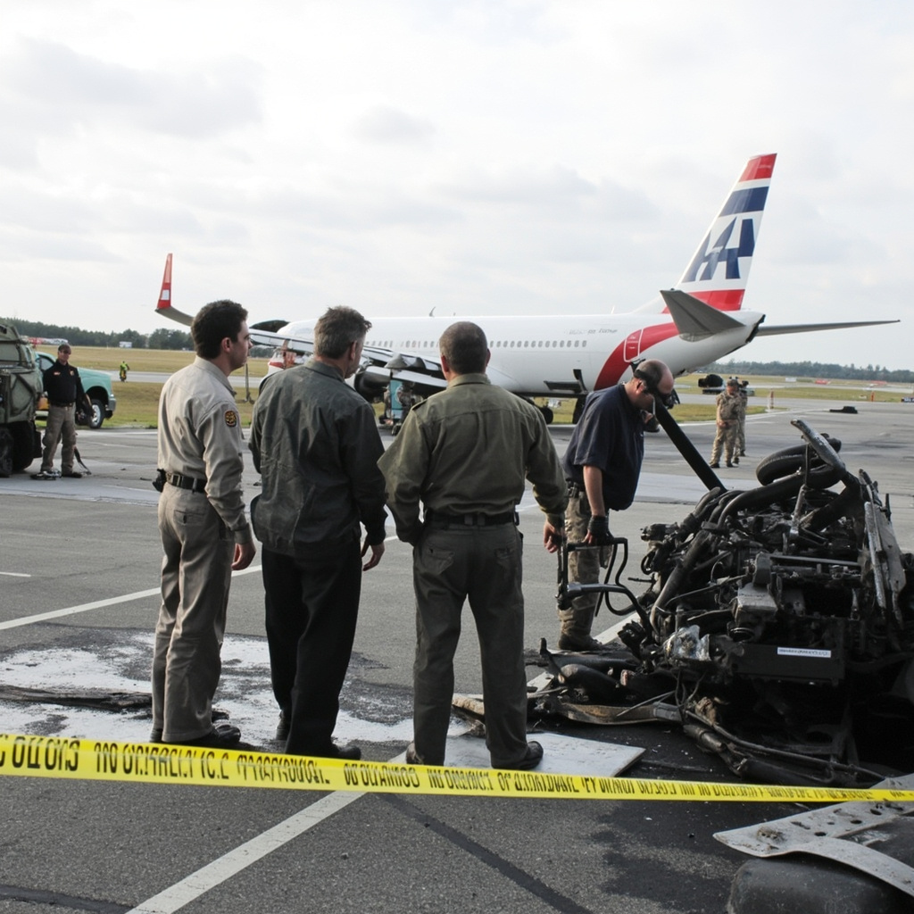 NTSB investigators examining wreckage on a runway with investigation equipment