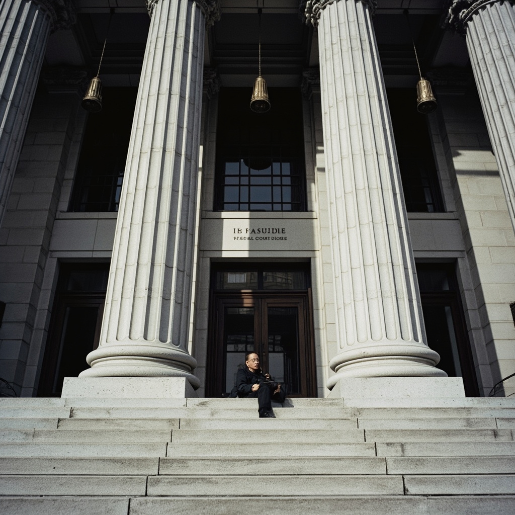 Federal courthouse facade with the scales of justice visible above the entrance