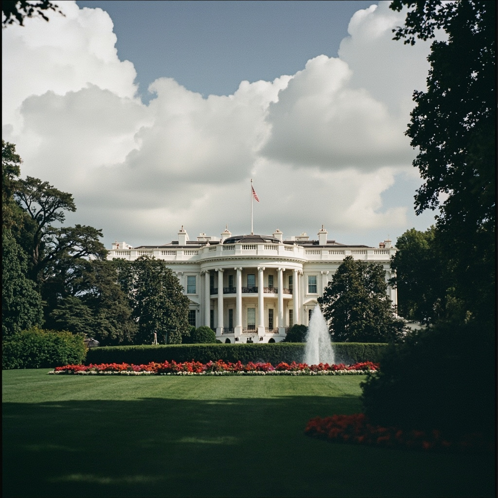White House exterior with AI policy document overlay