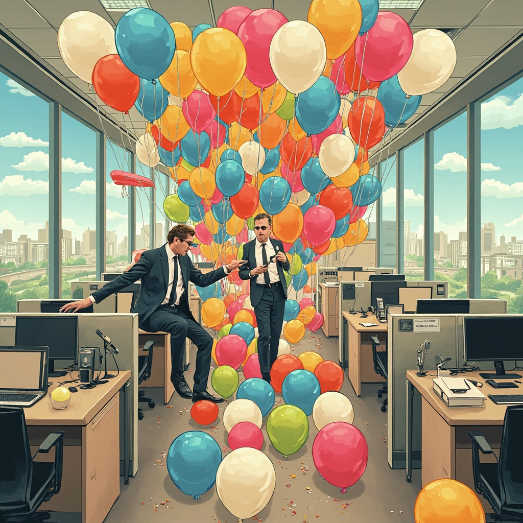 A corporate office cubicle filled entirely with balloons as an April Fools prank