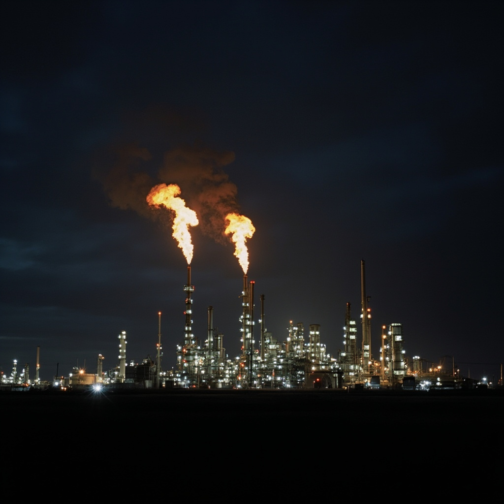 An oil refinery at night with flare stacks burning against a dark sky