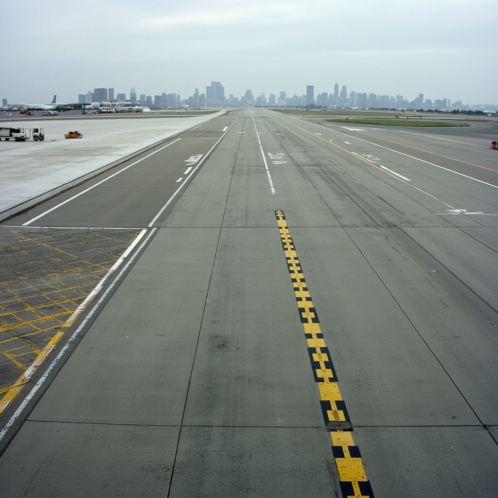 Aerial view of LaGuardia Airport runway with emergency vehicles and investigation markers