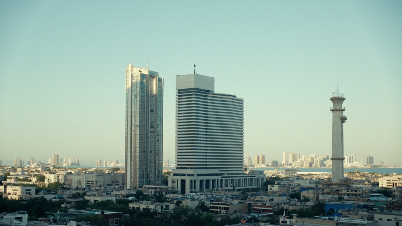Modern commercial building in Bahrain skyline, Gulf waters visible