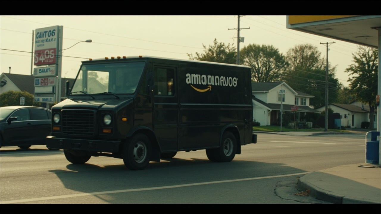 Amazon delivery van parked outside suburban home, gas station price sign visible in background showing $4.06