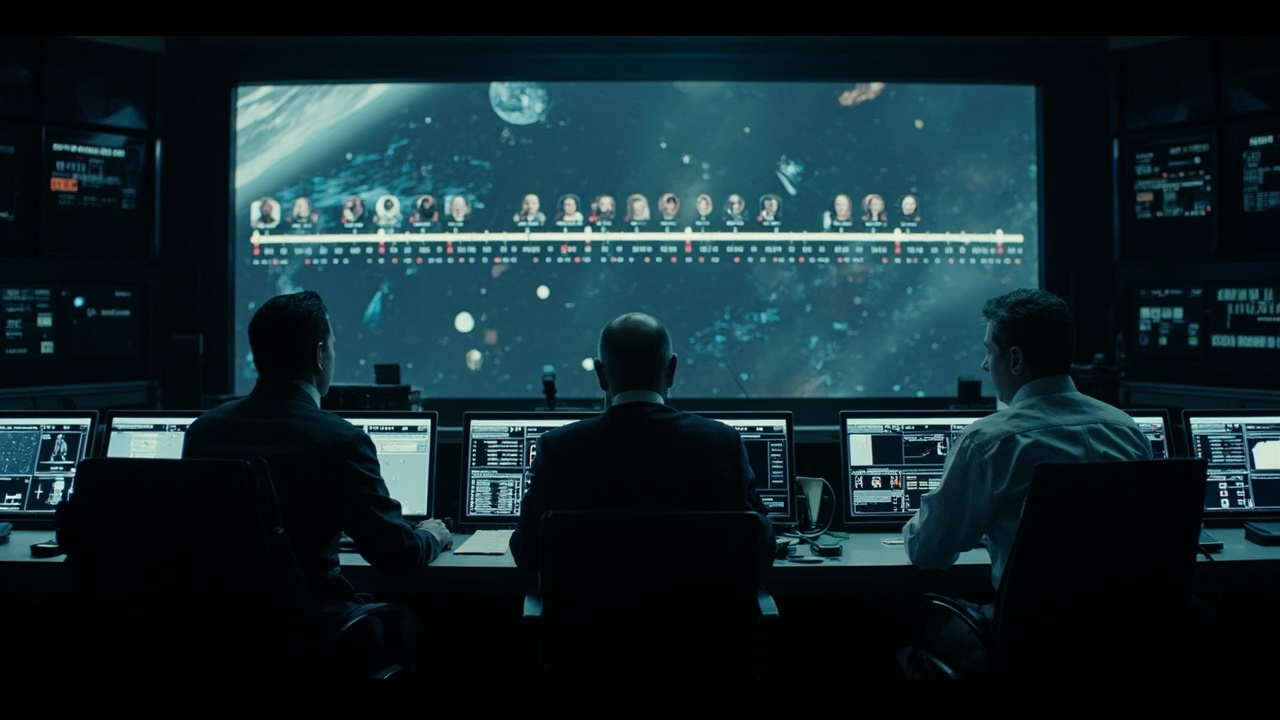 Mission control timeline display showing April 6 lunar flyby