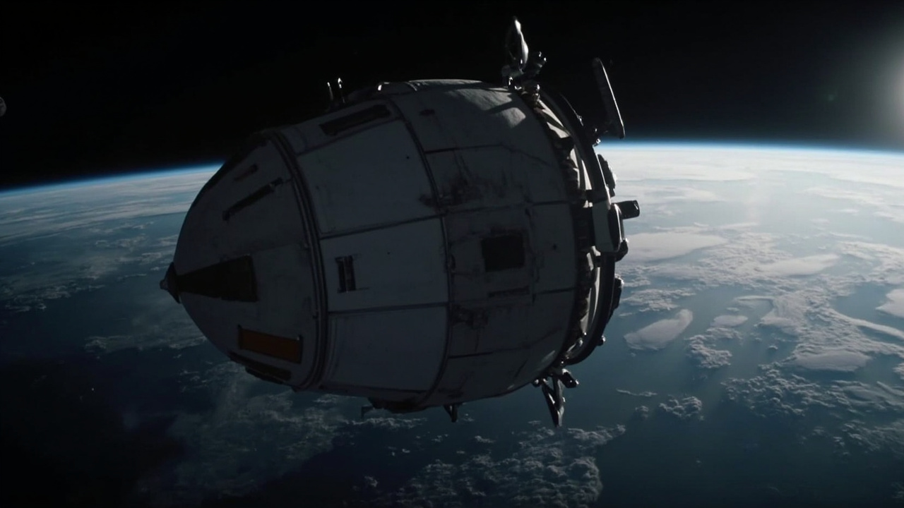 Orion spacecraft silhouette against Earth's horizon, Moon visible in distance