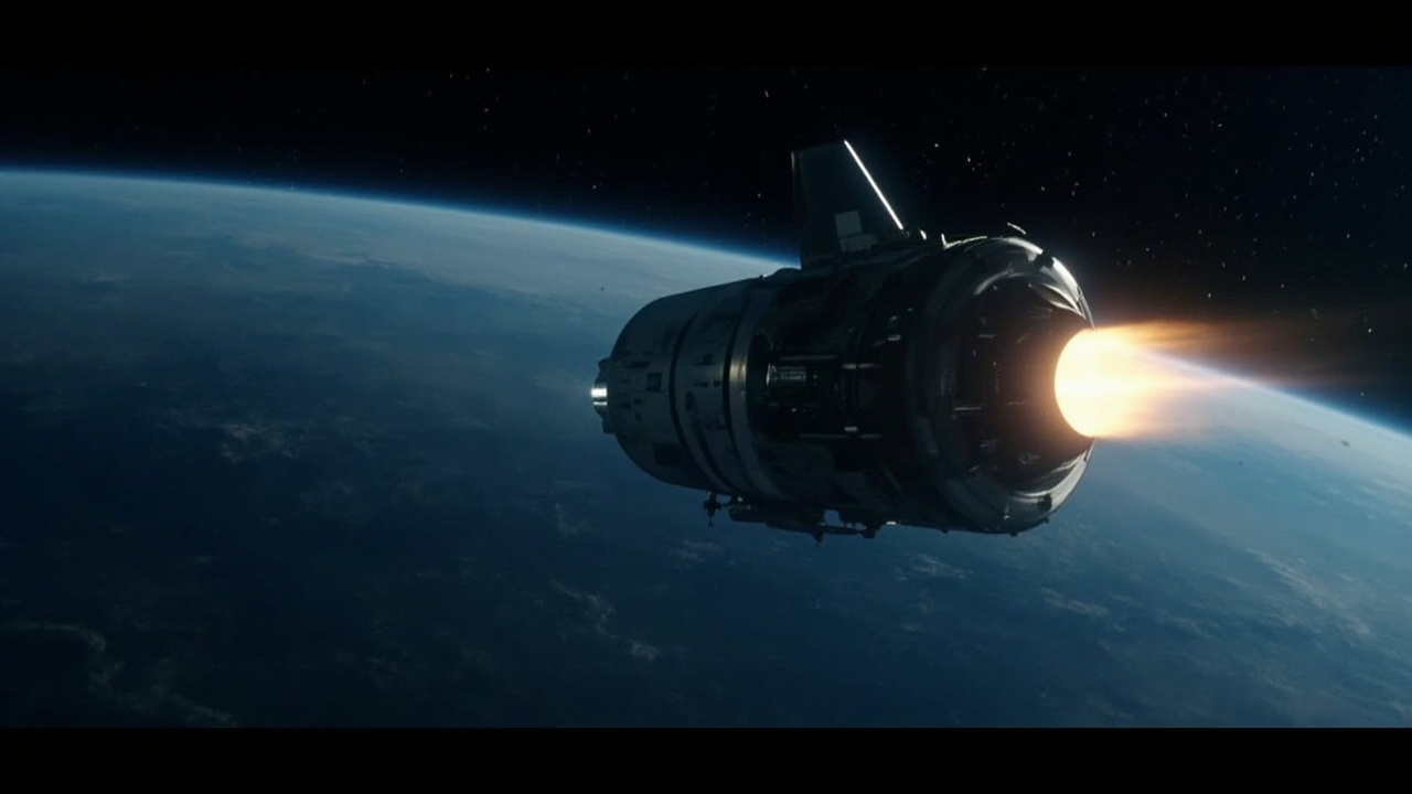 Artist rendering of Orion spacecraft firing engine with Earth curve behind