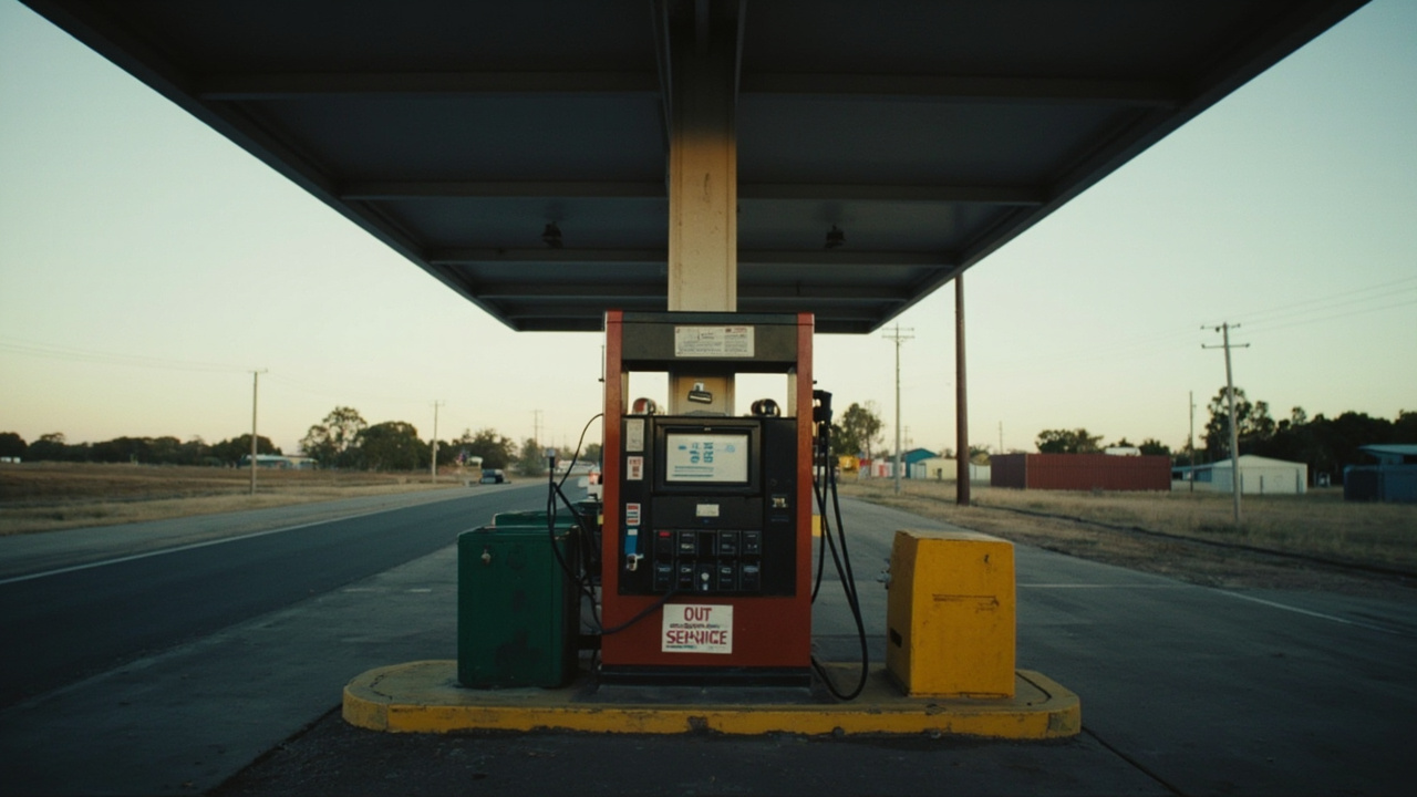 Australian fuel station with 'NO DIESEL' sign on pump, empty forecourt
