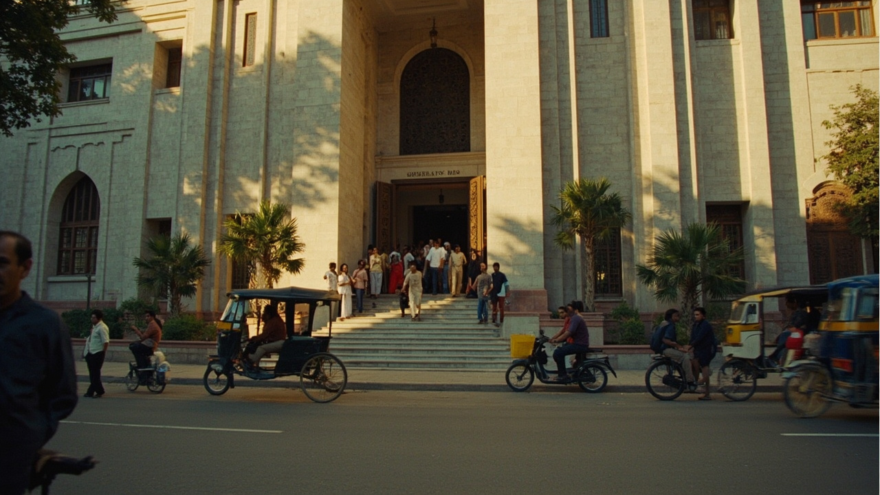 Dhaka government office building, workers leaving early, afternoon sun