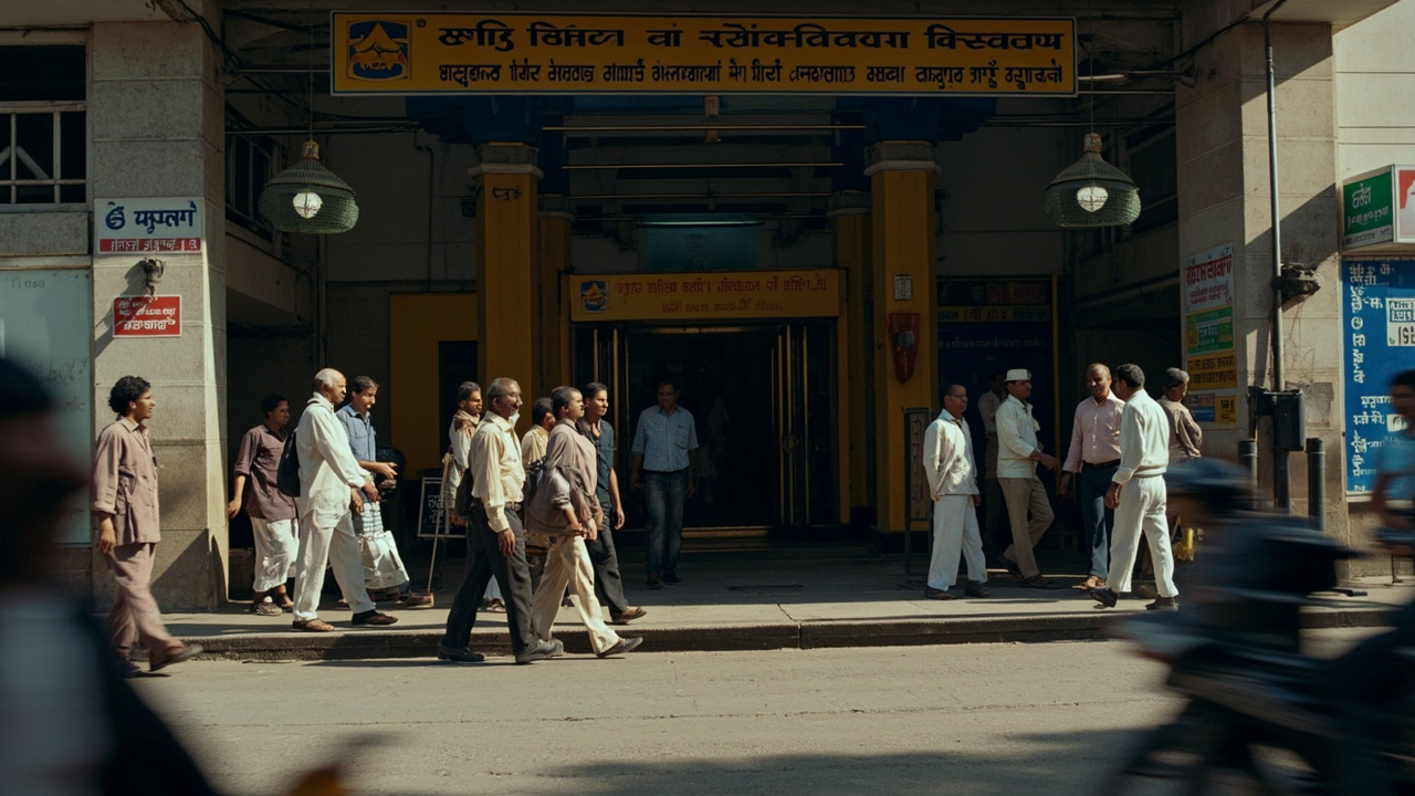 Government workers leaving office building in afternoon