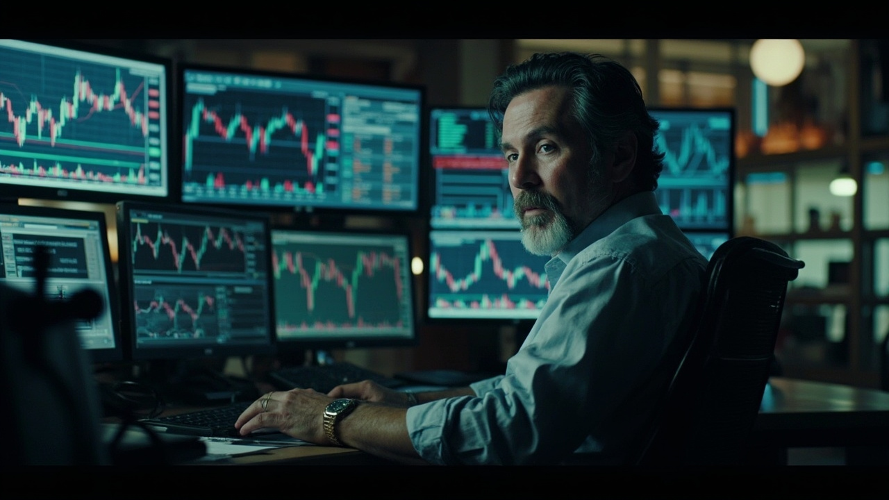 Financial analyst's desk with oil price charts, multiple monitors