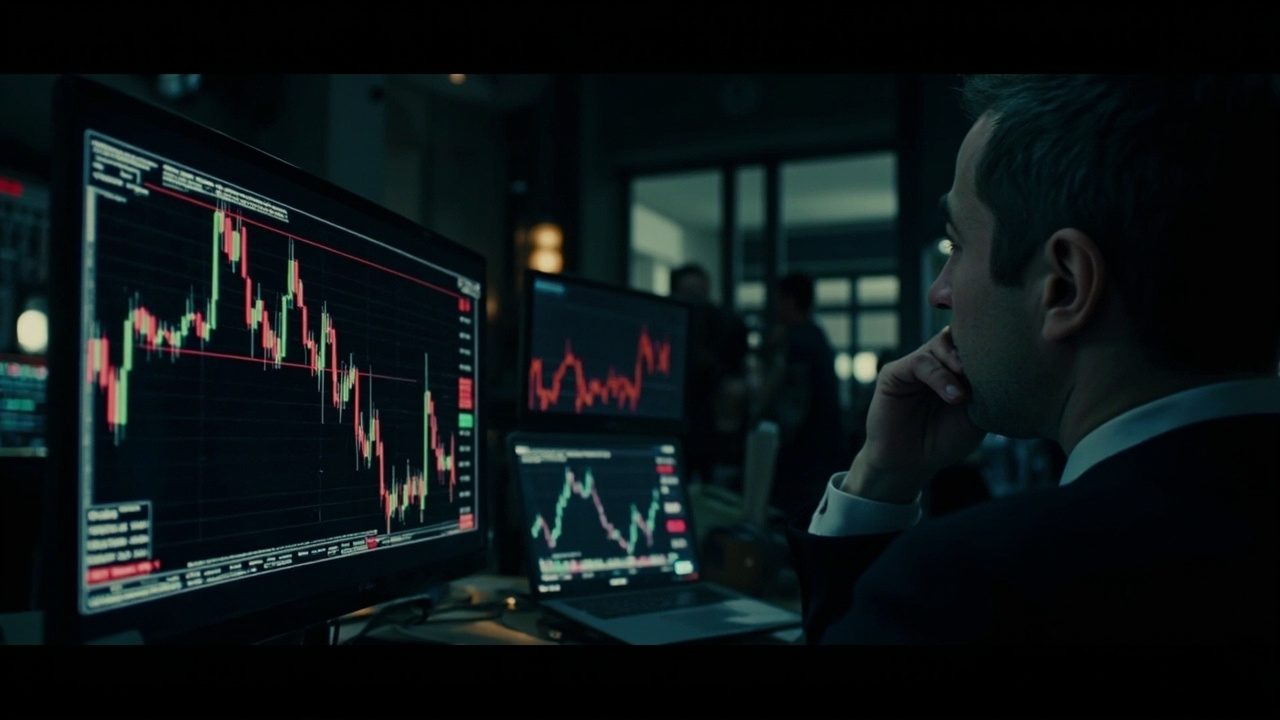 Oil trading floor screens showing price charts, red and green fluctuations