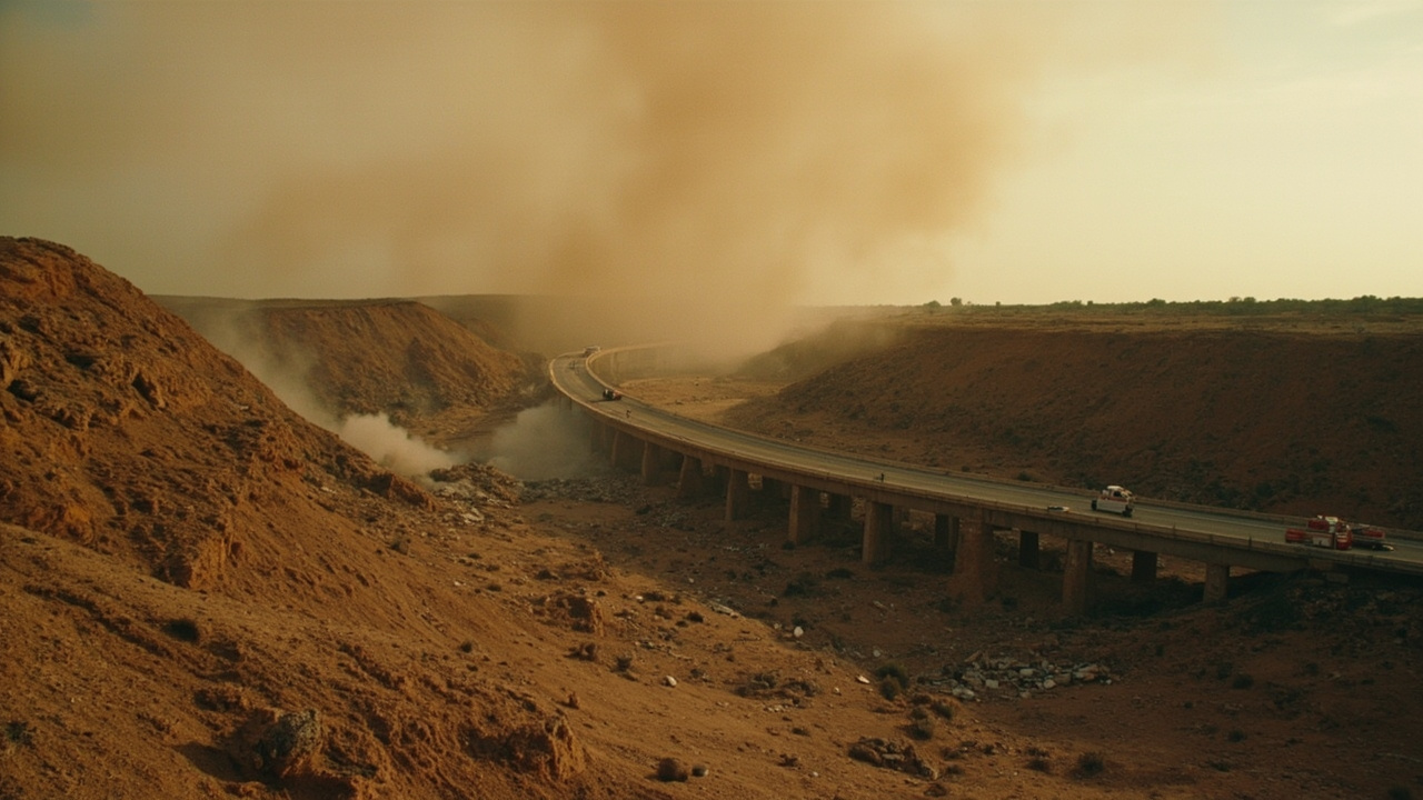Highway bridge outside Tehran collapsed into a river gorge, dust and smoke rising, civilian vehicles visible on the approach road