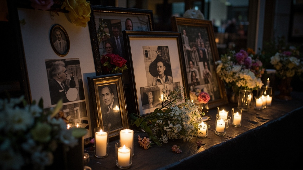 Collage frame of portrait photographs, memorial candle