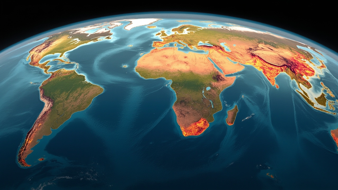 Satellite view of Earth showing heat patterns, red zones over oceans
