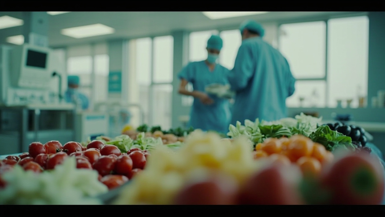 Laboratory with clinical trial participants seated at table with prepared meals