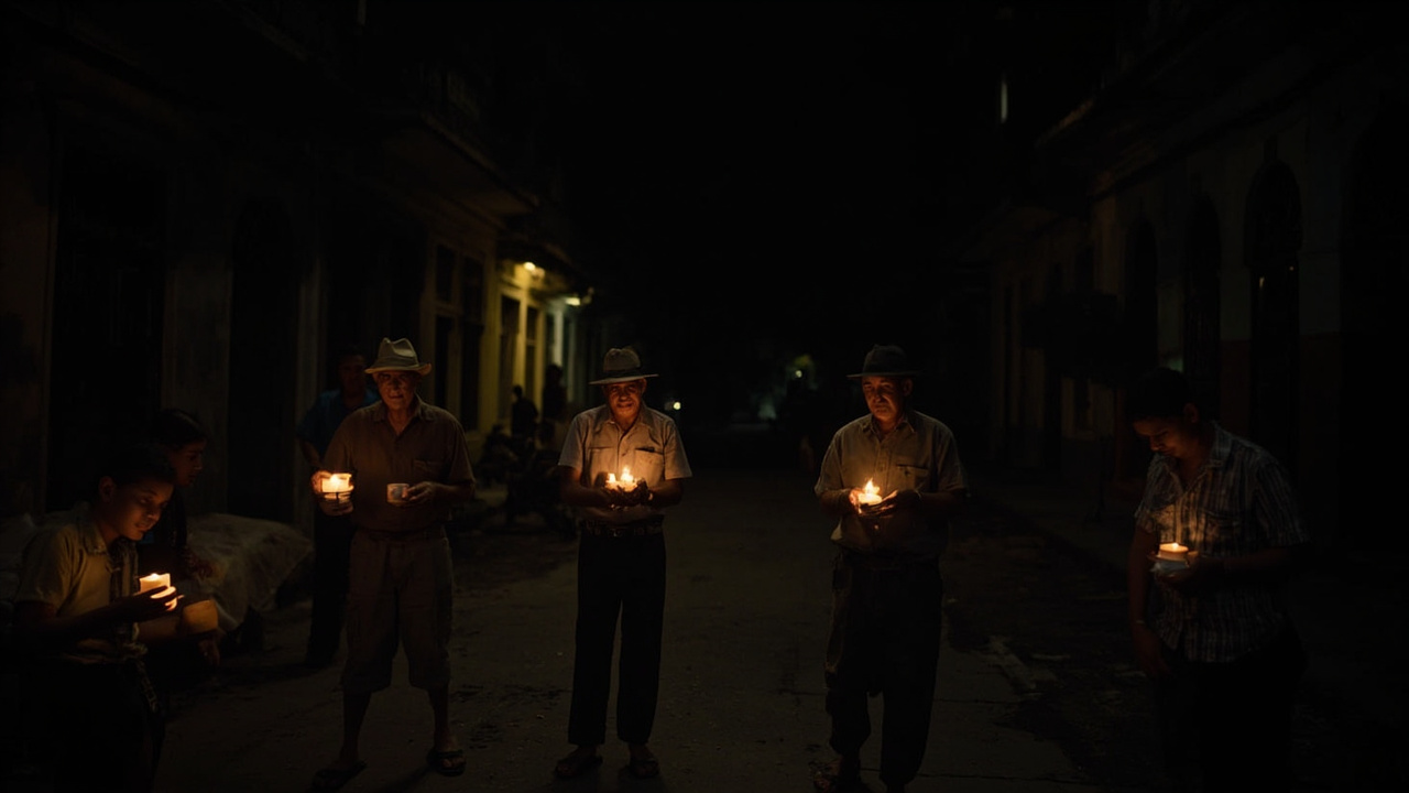 Havana residents cooking by candlelight on street, dark buildings behind