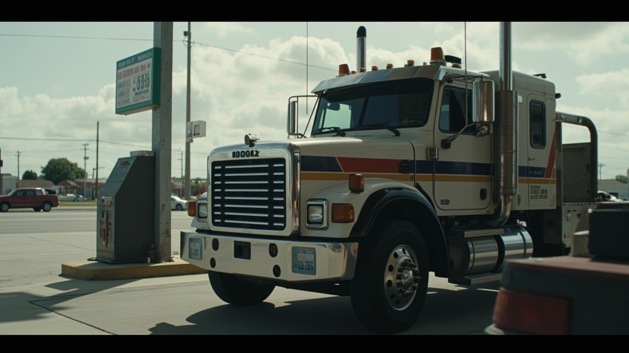 Long-haul truck at fueling station, diesel pump showing high price