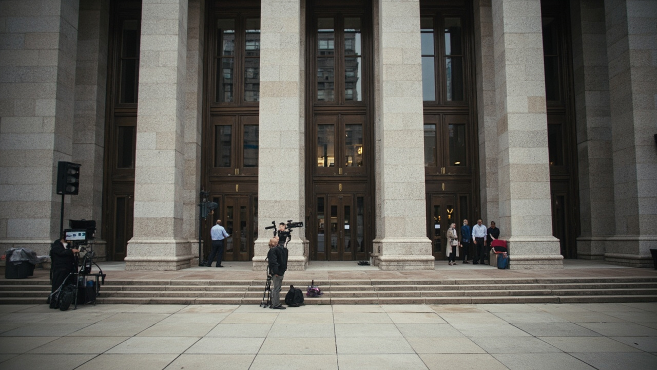 Federal courthouse entrance, media cameras set up outside