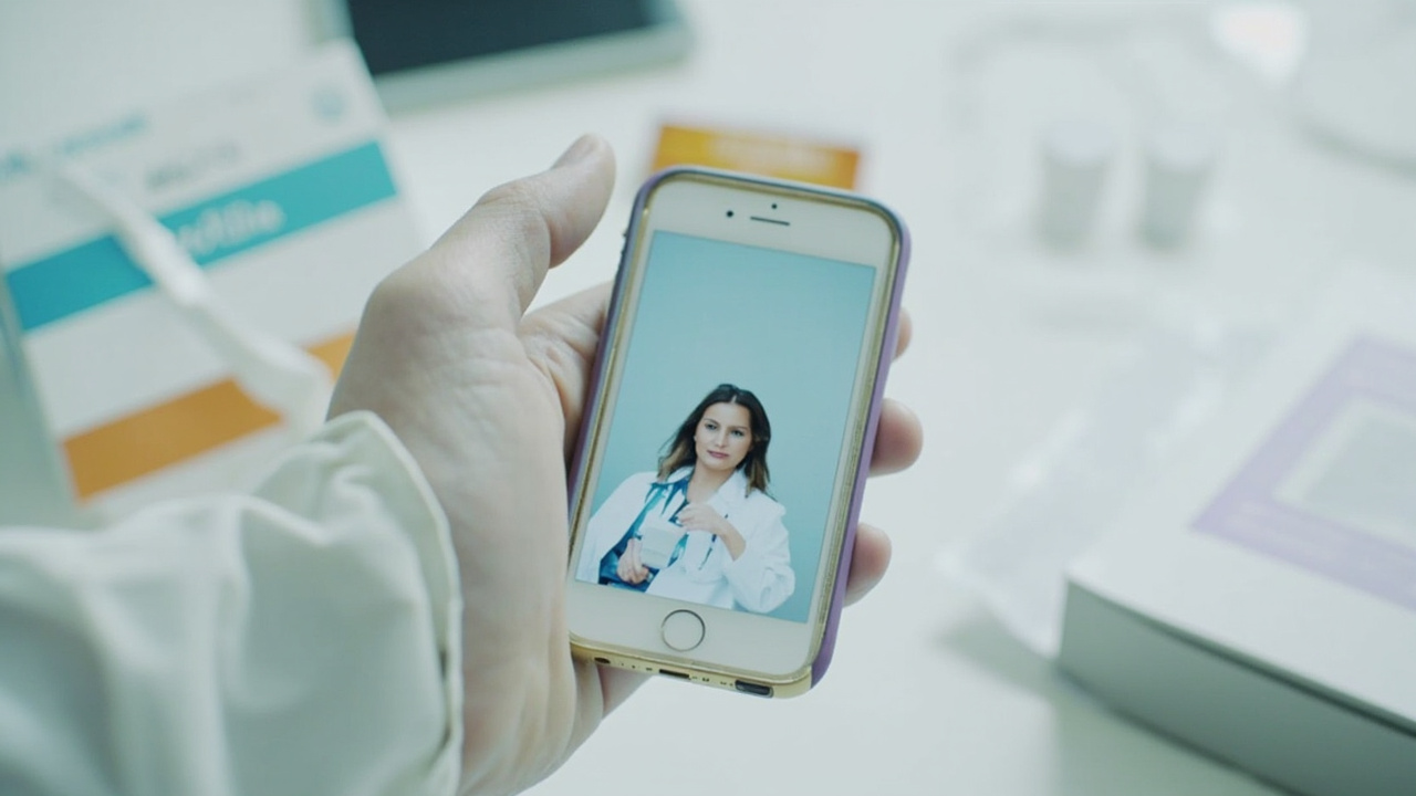 Telehealth app on phone screen, medication packages beside it