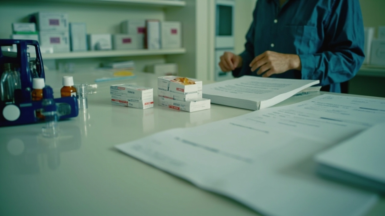 Pharmacy counter with Ozempic injection pens, FDA warning letter visible