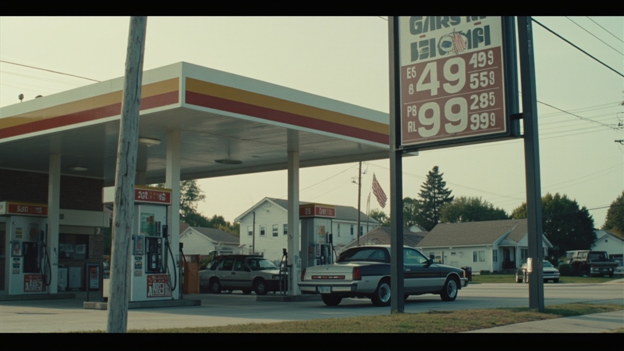 American gas station price sign showing $4.06, cars at pumps