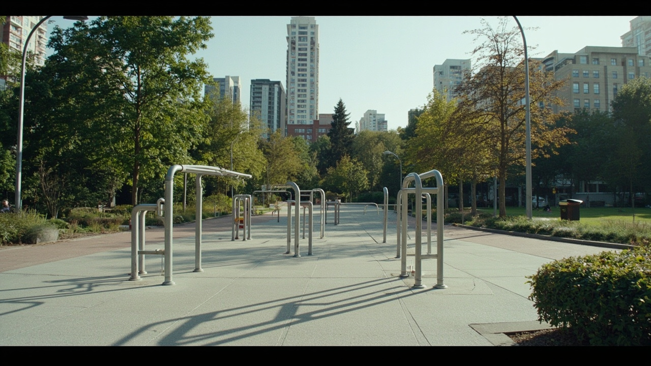 Empty public park with unused exercise equipment, city skyline behind