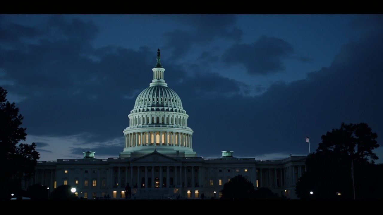 US Capitol dome at dusk, lights on in congressional offices