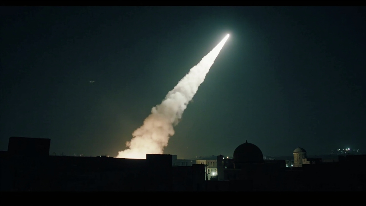 Night sky over city with visible missile interception trail, bright flash