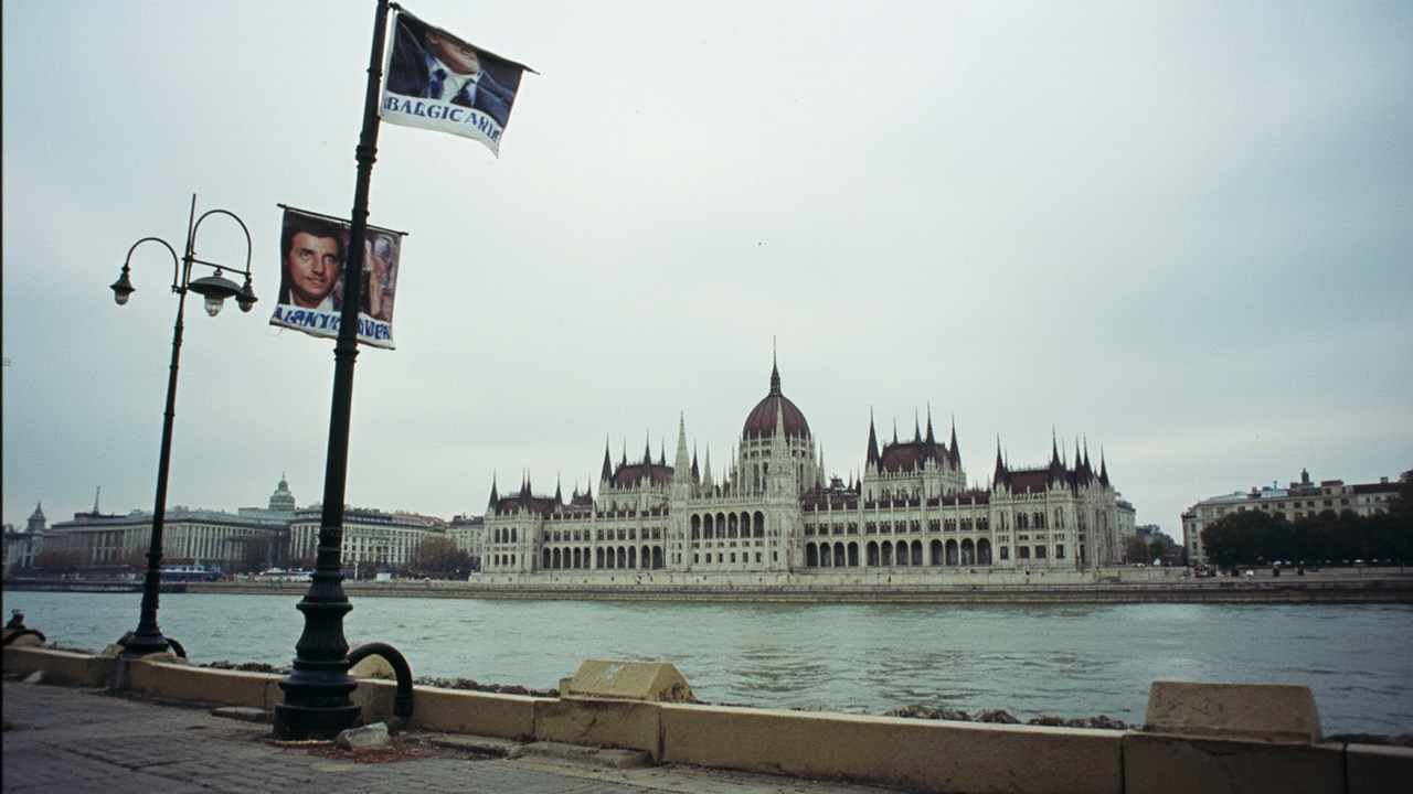 Hungarian parliament building on Danube, opposition campaign posters in foreground