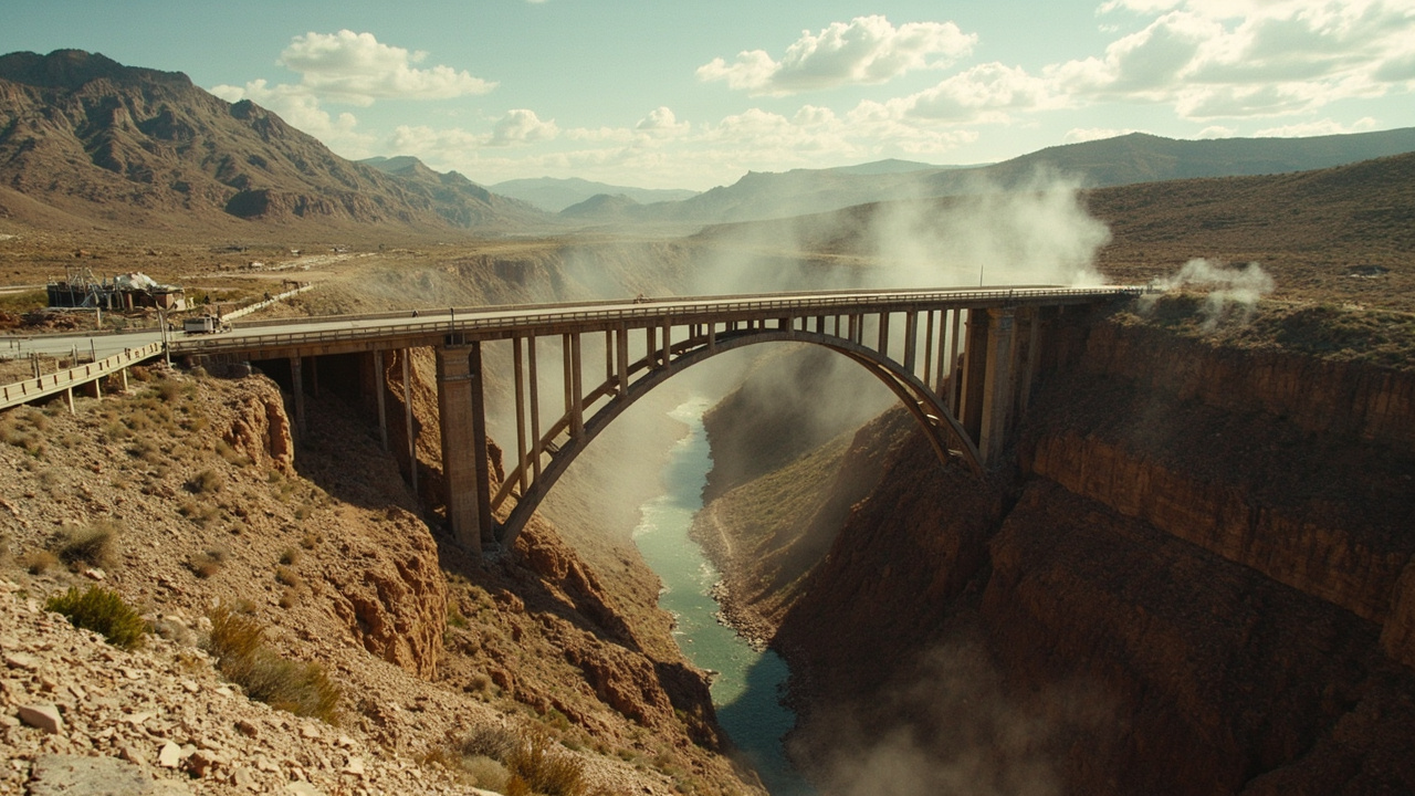 Collapsed tall bridge in mountainous terrain, dust settling, canyon below