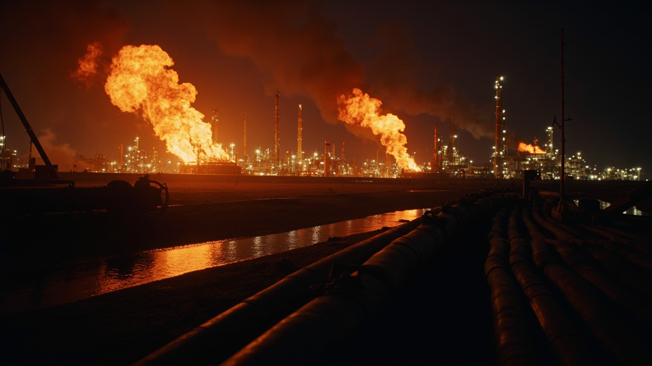 Oil refinery complex at night with smoke plume, Gulf coastline visible