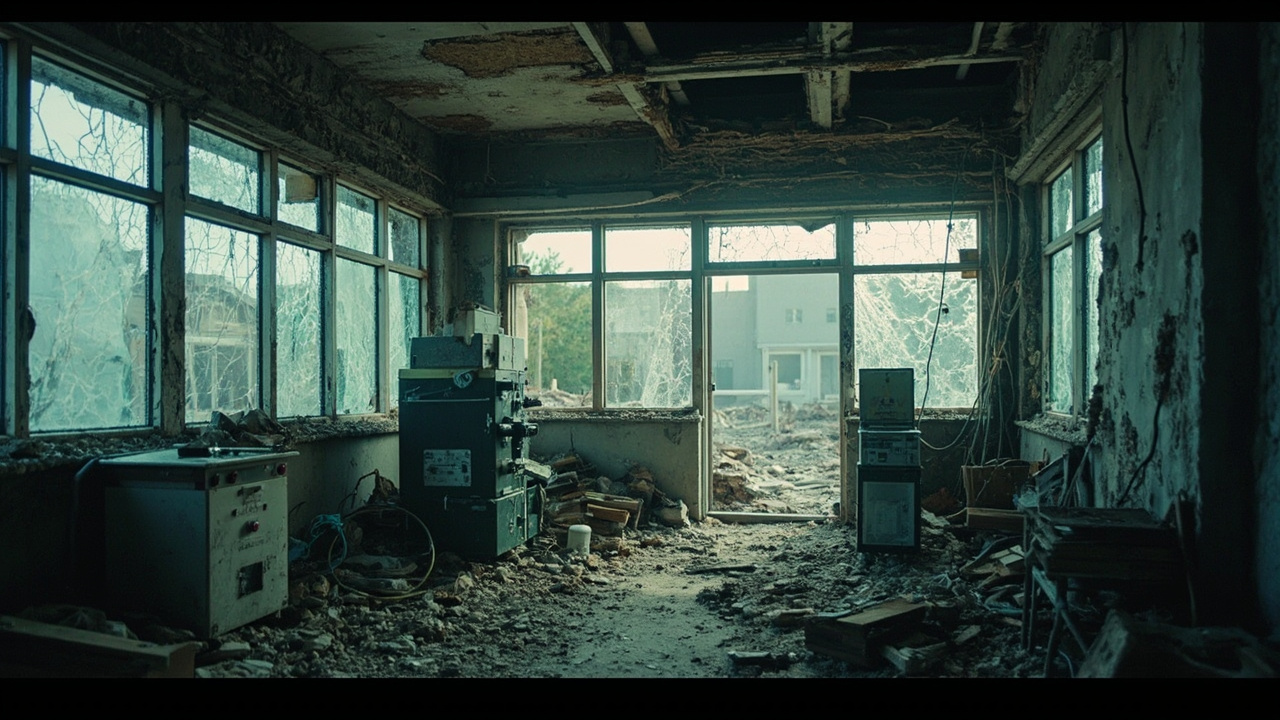 Damaged medical laboratory building, shattered windows, research equipment visible inside