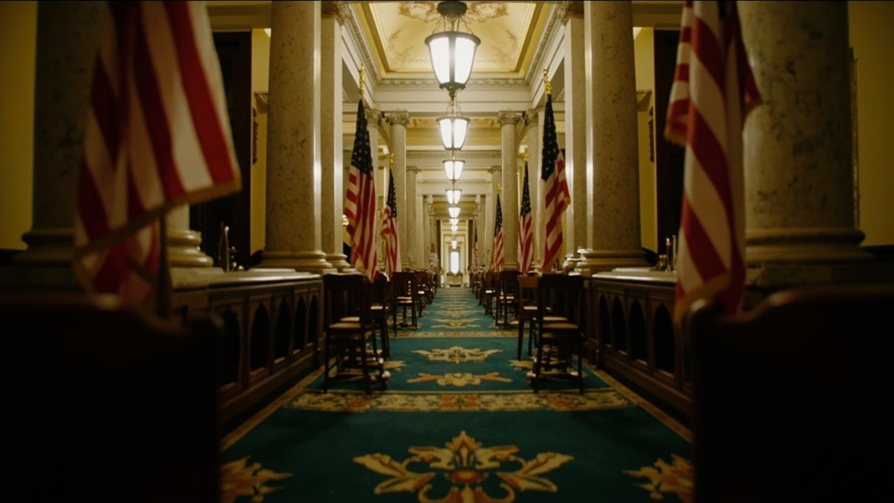 Republican congressional office hallway, American flags, empty chairs at hearing table