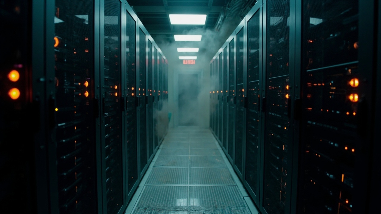 Server racks in a data center facility, red warning lights illuminated, Middle Eastern landscape visible through window