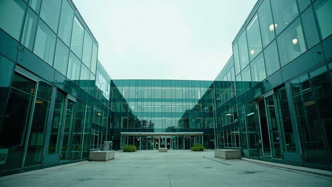 Silicon Valley tech campus exterior, empty courtyard, corporate logos visible