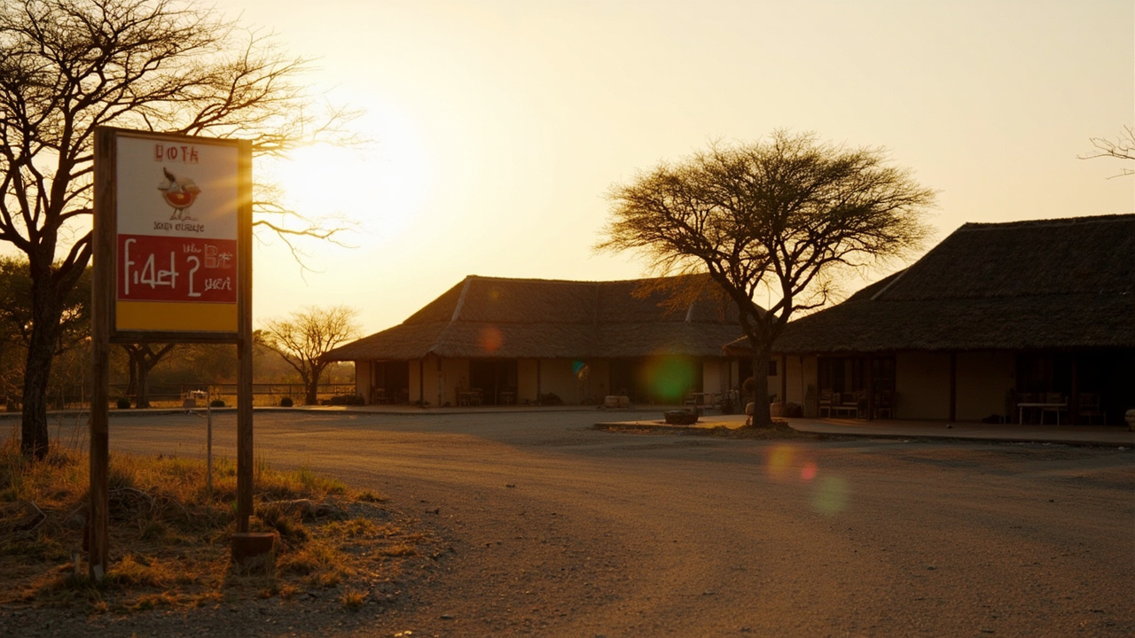 Maasai Mara safari lodge at sunset with empty parking lot, fuel price board visible in foreground showing 200 KES per litre