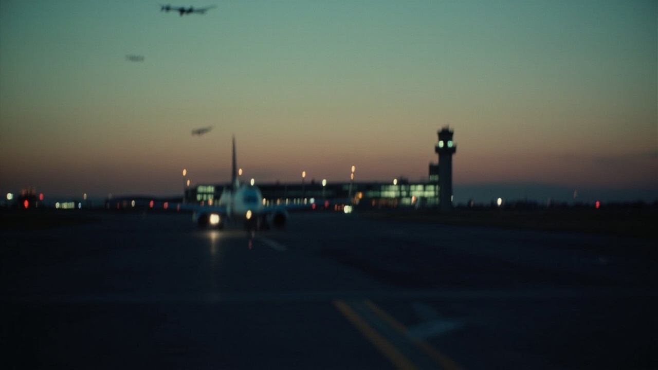 Airport runway at dusk, control tower lights visible
