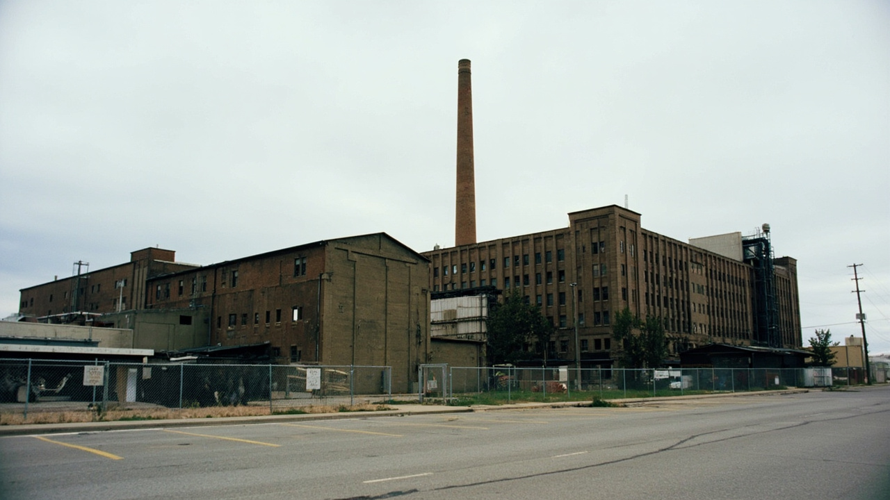 Closed American factory, empty parking lot, tariff policy sign