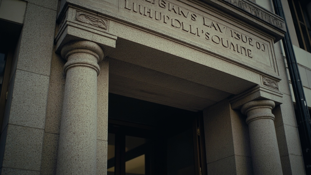 Federal courtroom entrance, scales of justice symbol