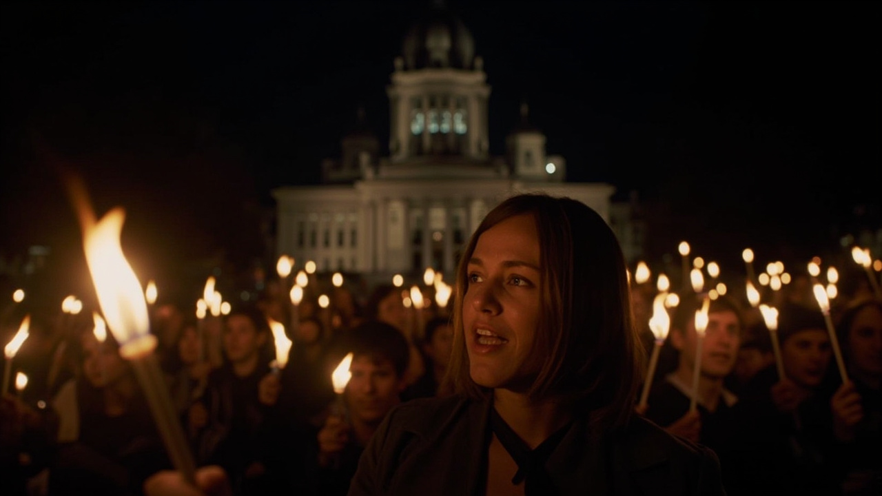 Nighttime candlelight vigil outside government building, hundreds of small flames