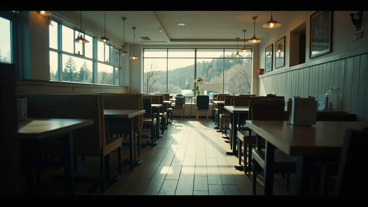 Empty fine dining restaurant interior, minimalist Scandinavian design