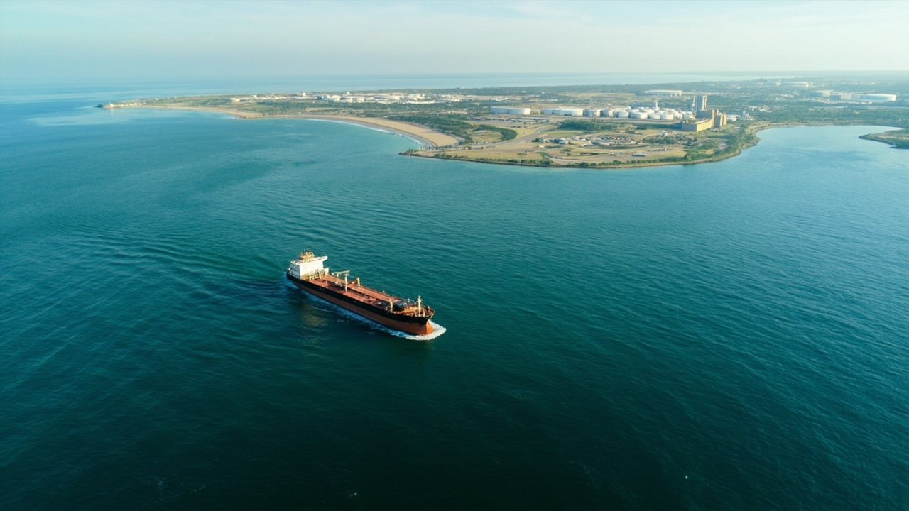 Oil tankers anchored in harbor, aerial view, massive storage tanks visible on shore