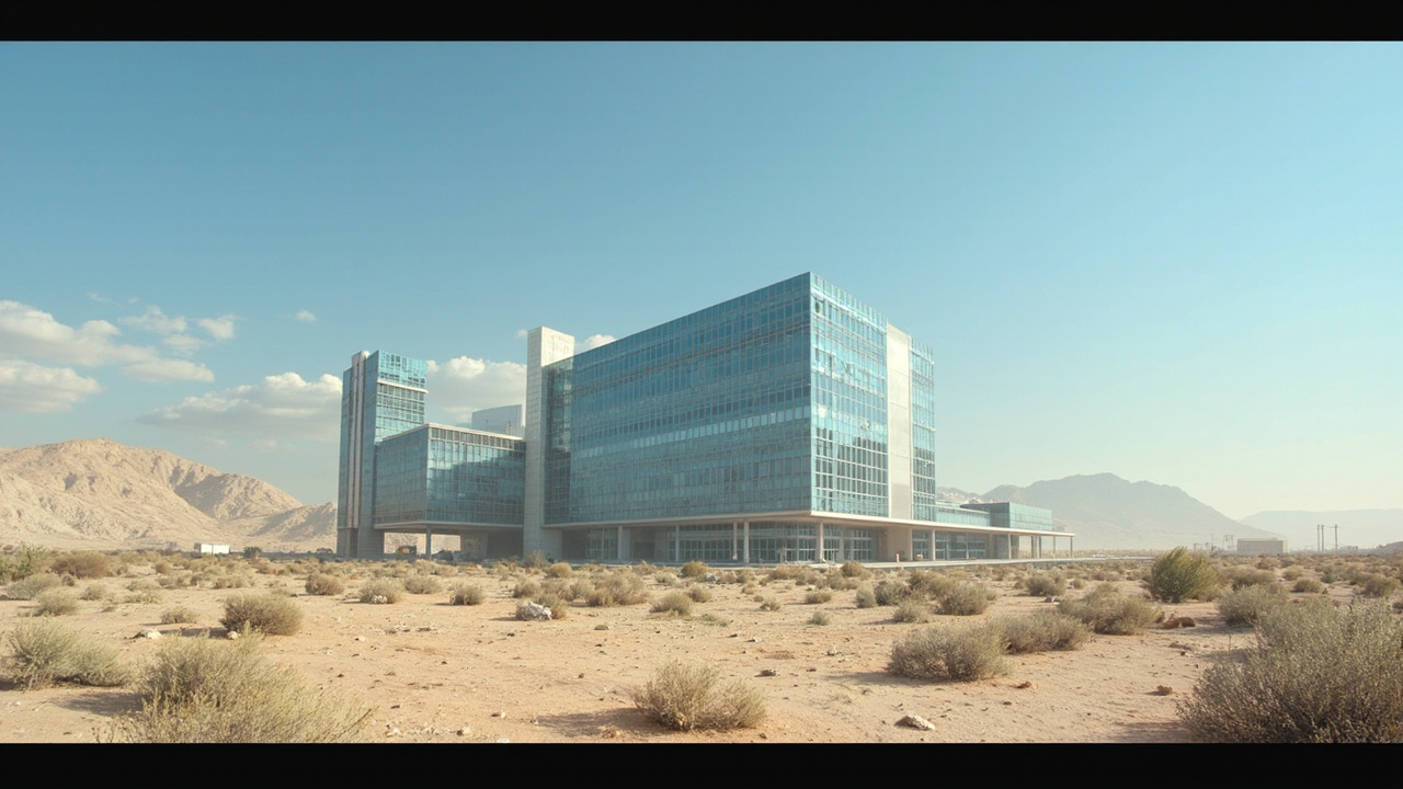 Modern data center building in desert city skyline